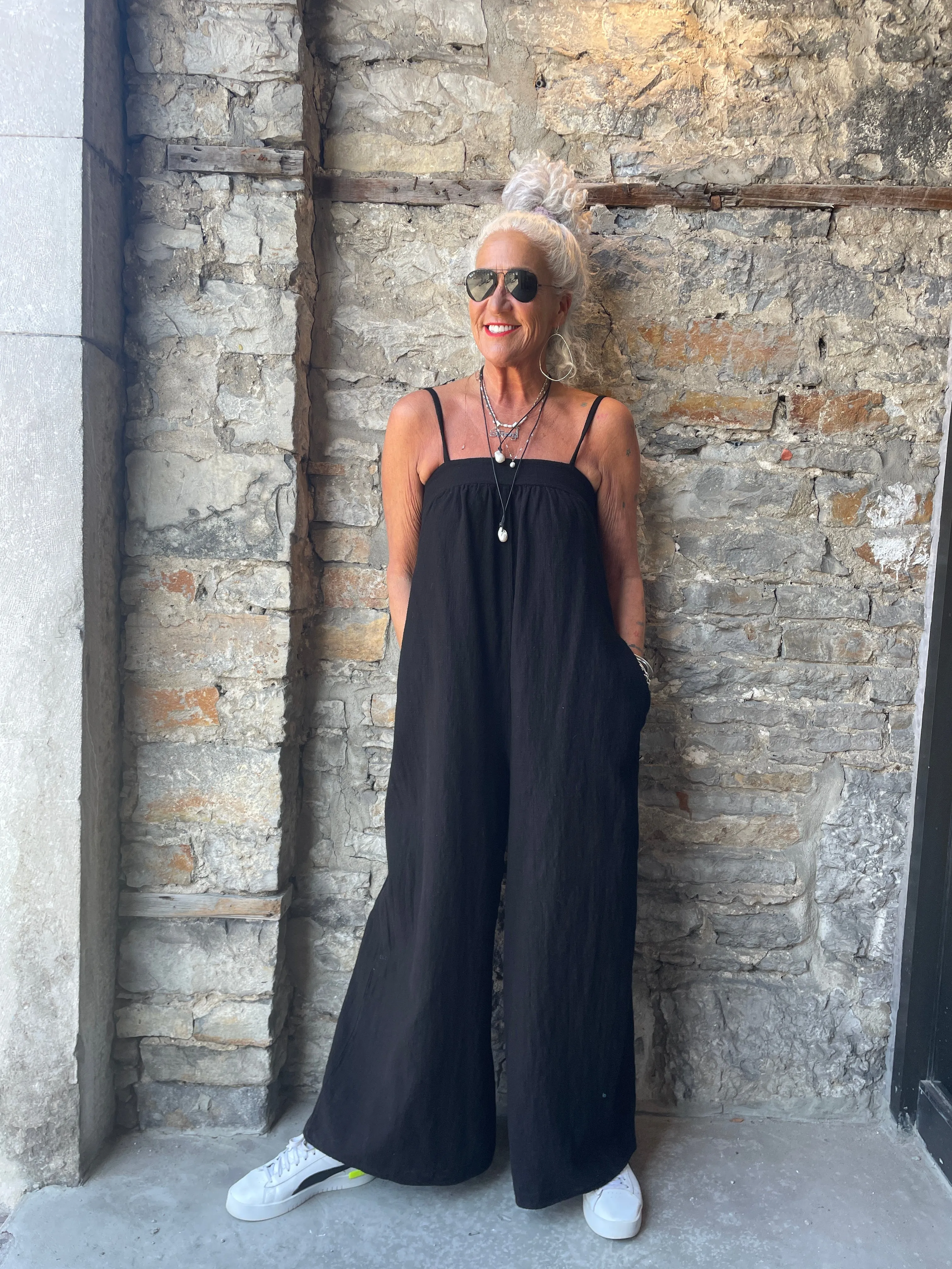 100% Cotton Wide Leg Jumpsuit with Pockets - Black Adjustable Spaghetti Strap