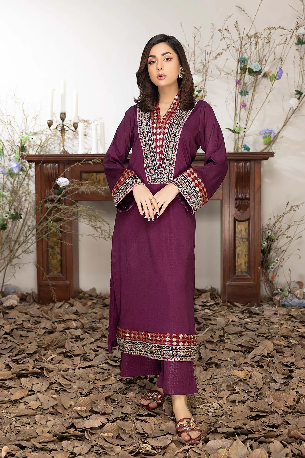 2-Piece Silk Shirt with Embroidery Design and Matching Trouser for Women