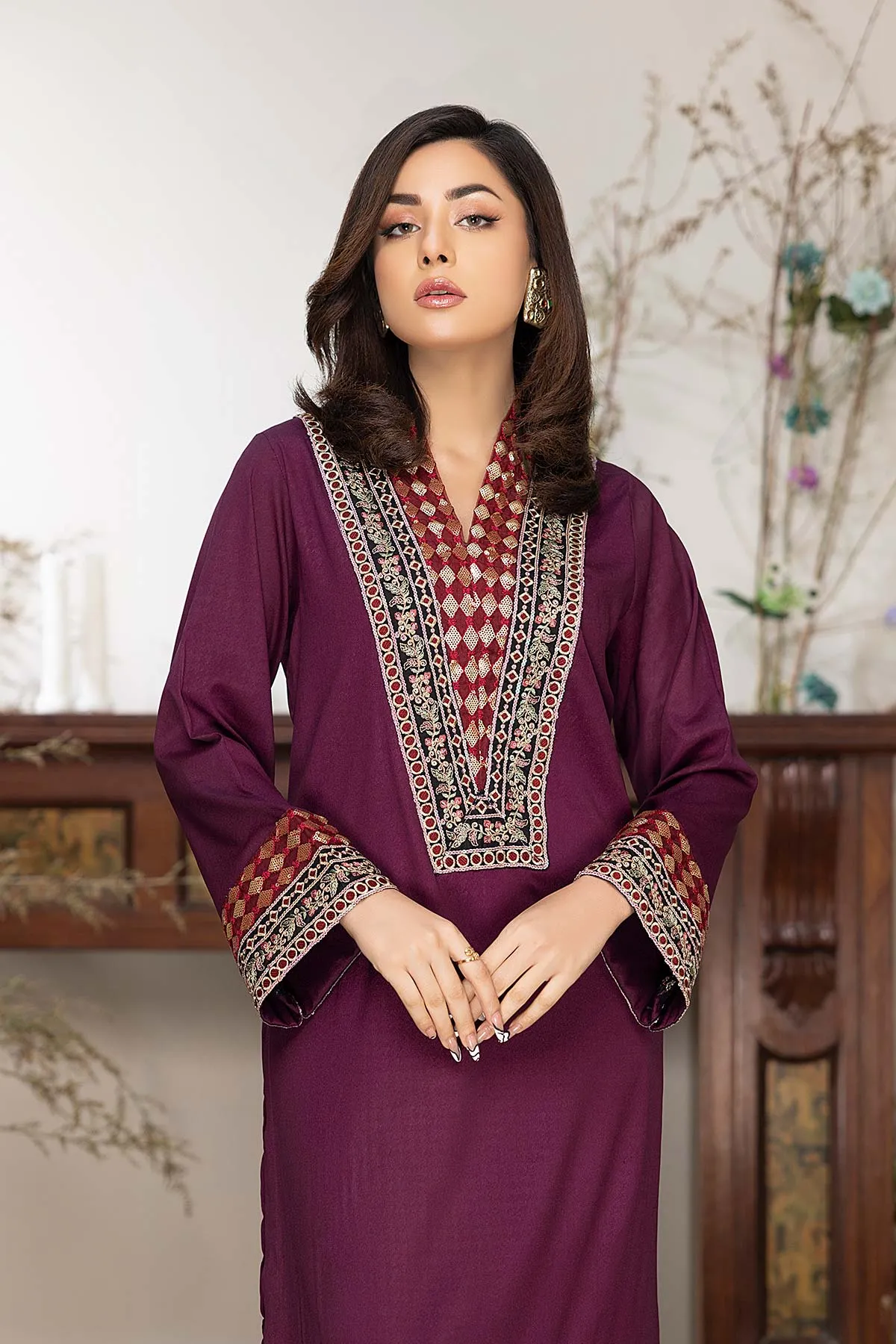 2-Piece Silk Shirt with Embroidery Design and Matching Trouser for Women