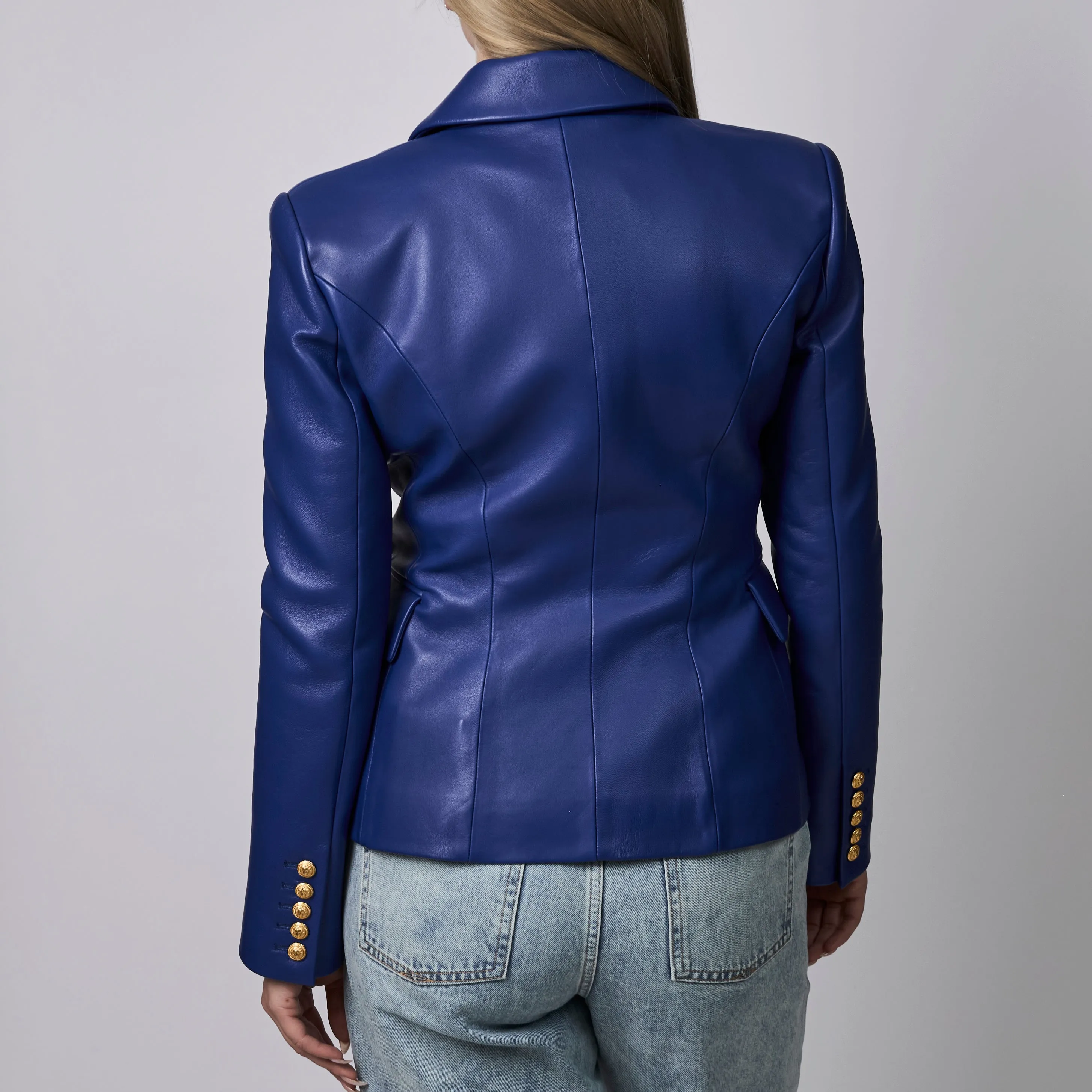 Balmain Blue Leather Double-Breasted Blazer Size 40