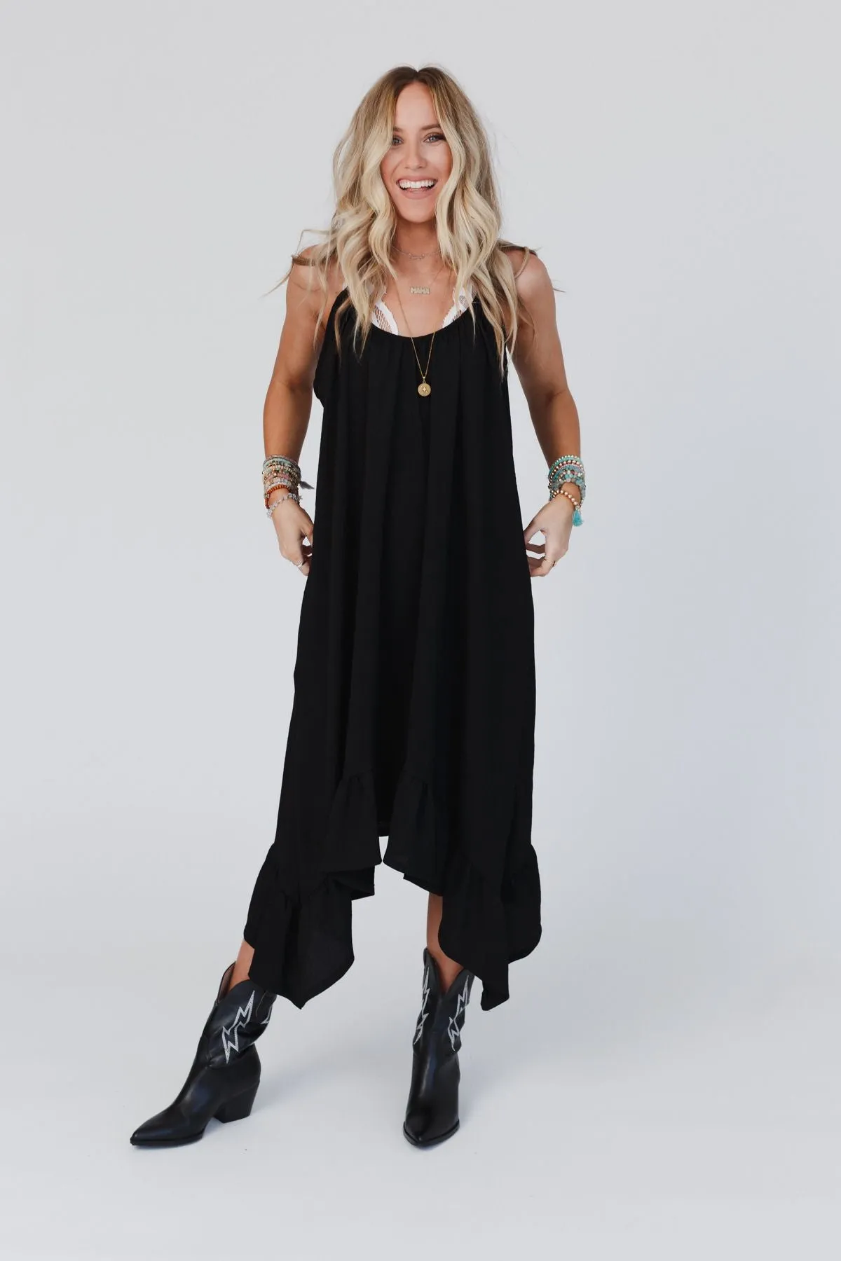 Black Ruffle Midi Dress - Ellie