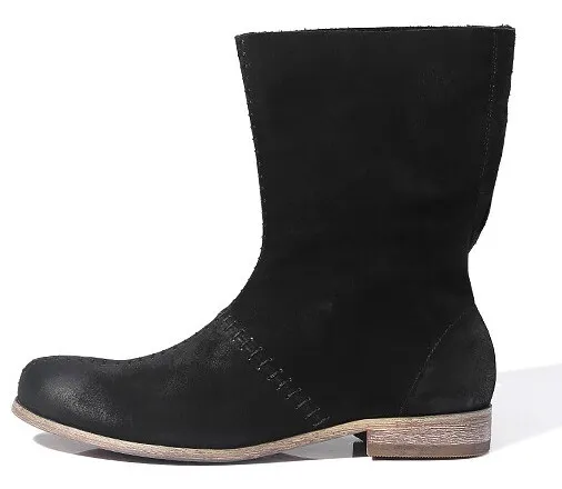 Black Suede Leather Vintage Round Head Grunge Mens Boots Bootie Shoes