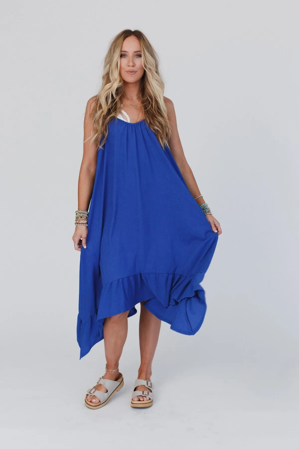 Blue Ruffle Midi Dress Ellie