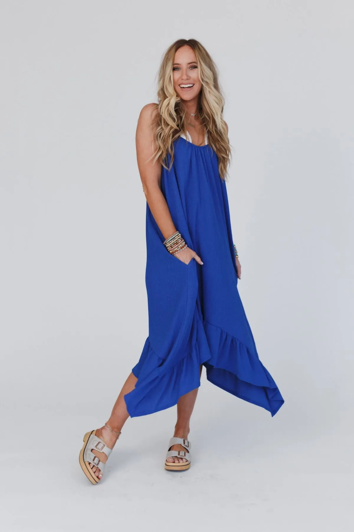 Blue Ruffle Midi Dress Ellie