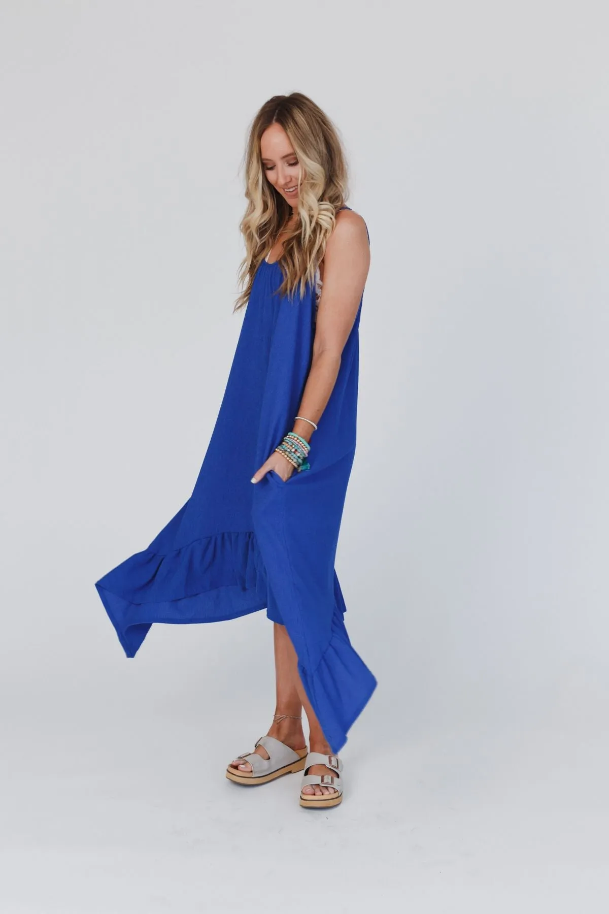 Blue Ruffle Midi Dress Ellie