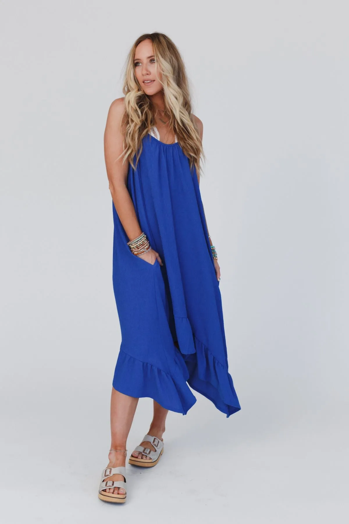 Blue Ruffle Midi Dress Ellie