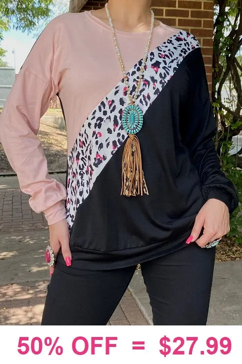 Blush Leopard Diagonal Stripe Black Long Sleeve Top for Women.