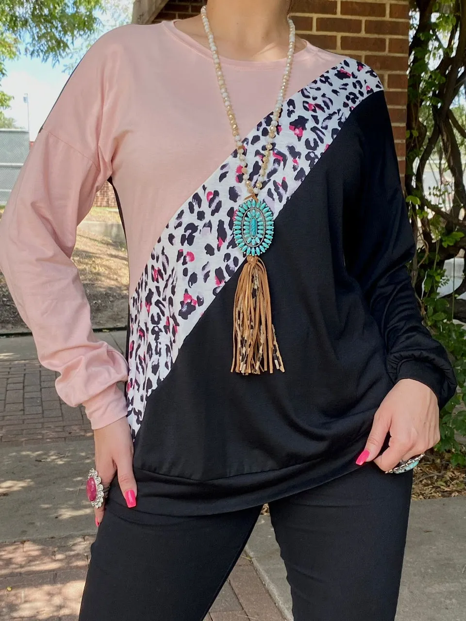 Blush Leopard Diagonal Stripe Black Long Sleeve Top for Women.