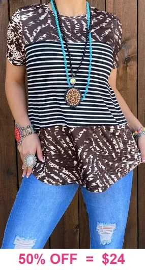 Brown striped top with black and white - Shop now!