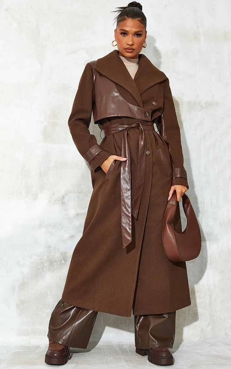 Chocolate Pu Contrast Coat | Coats & Jackets