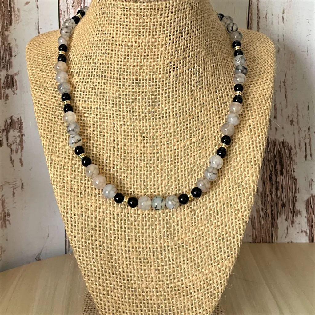 Clear Quartz and Black Onyx Gold Beaded Necklace for Men