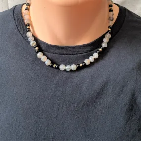 Clear Quartz and Black Onyx Gold Beaded Necklace for Men