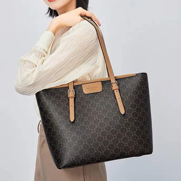 Cute Brown, Khaki & Off-White Contrast Color Minimalist Monogram Luxury PVC Leather Large Capacity Women’s Handbag, Shoulder Bag