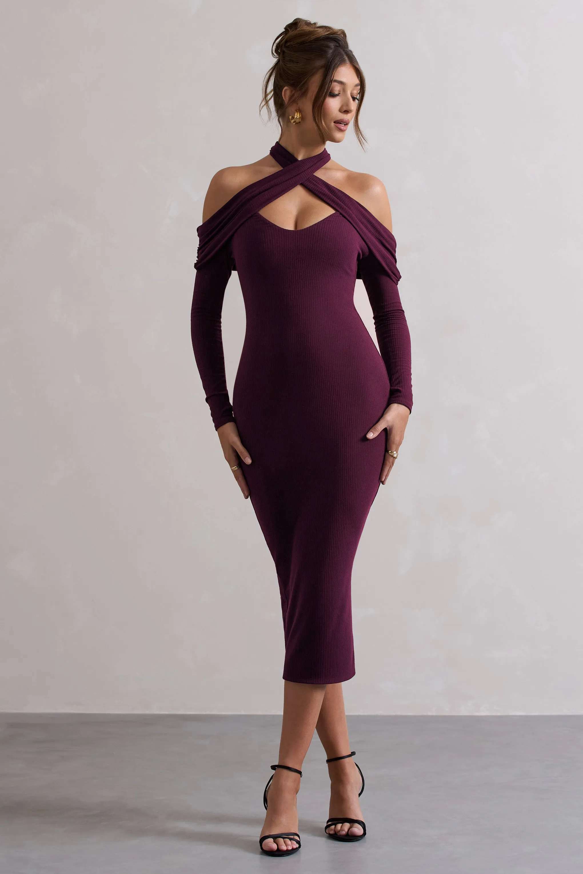 Duet | Plum Rib Knit Halter-Neck Midi Dress With Cut-Out