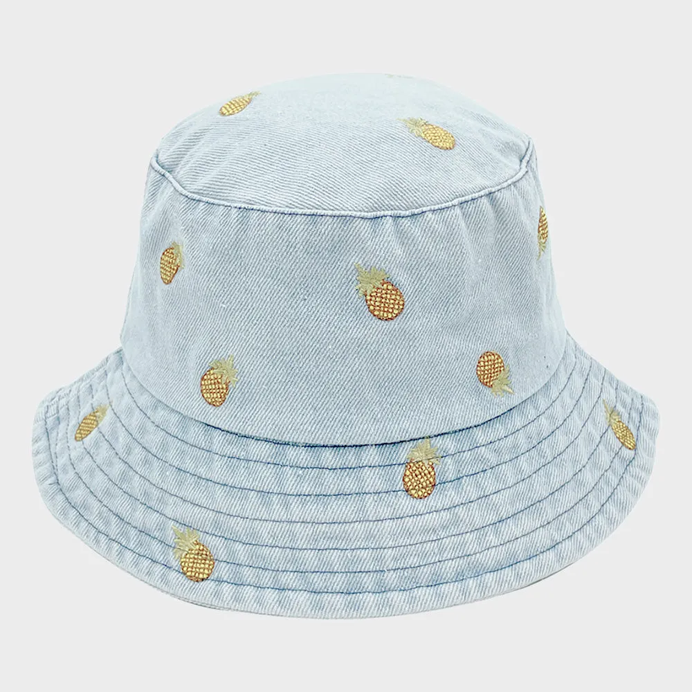 Embroidered Pineapple Bucket Hat Light Denim - iLLASPARKZ