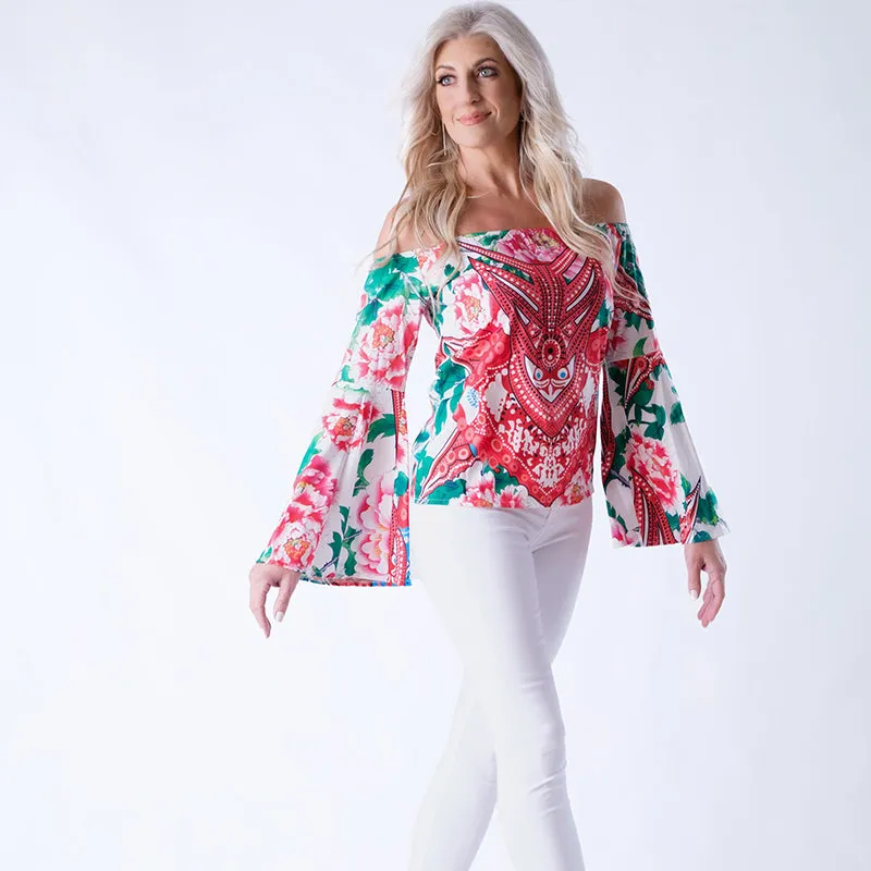 Flower Patterned Bell Sleeve Blouse.