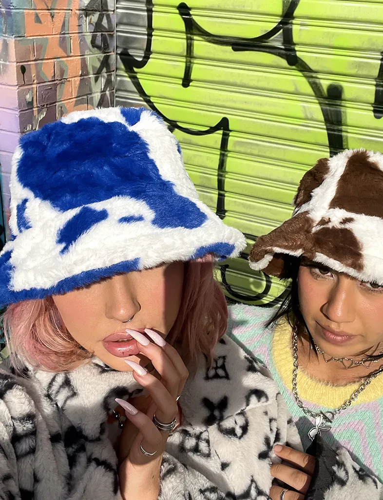 Fuzzy Blue Cow Print Hat