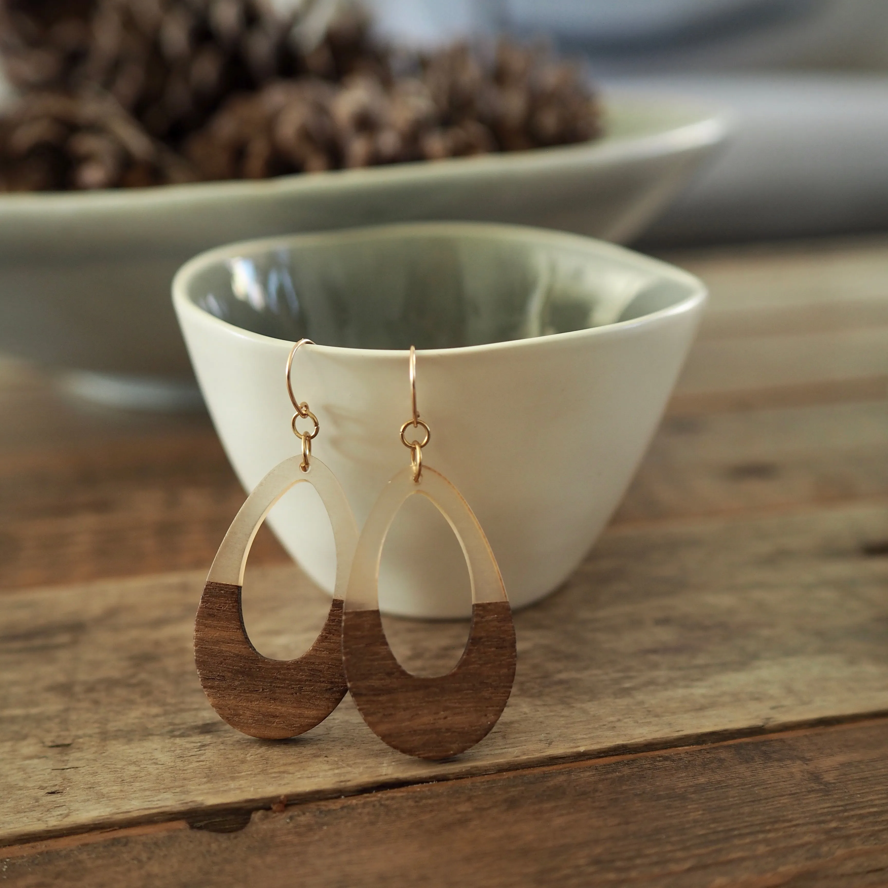 Gold and Wooden Teardrop Earrings