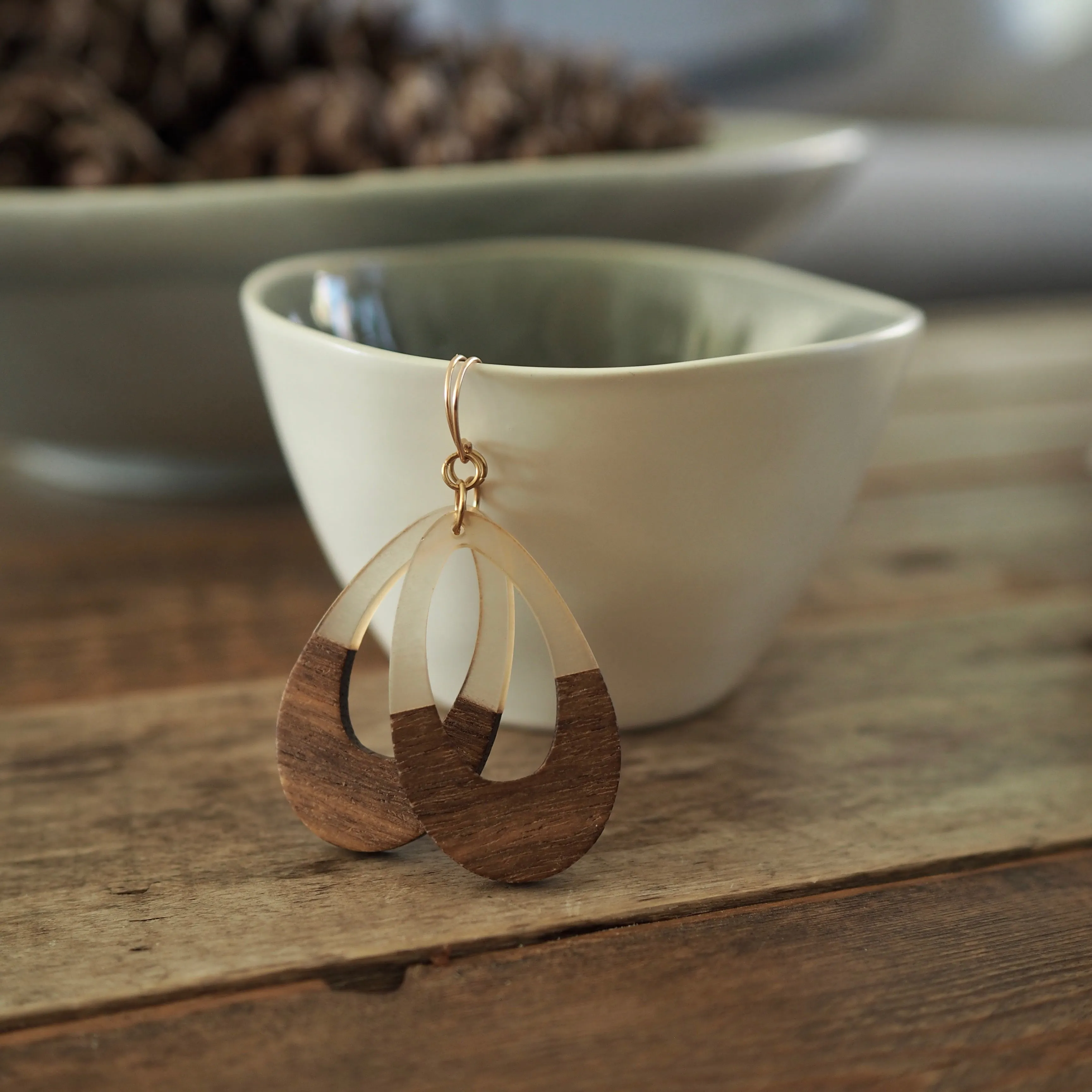 Gold and Wooden Teardrop Earrings