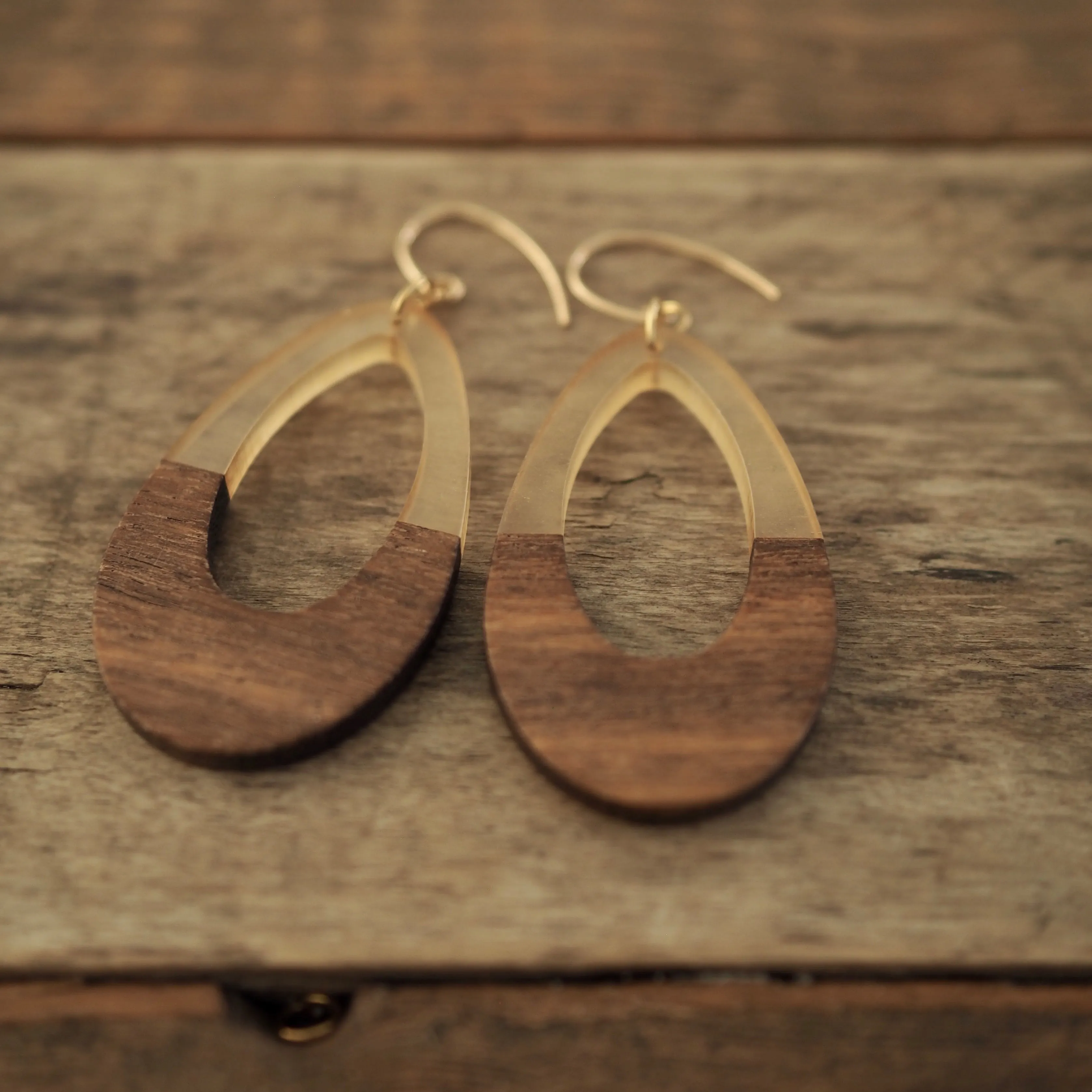 Gold and Wooden Teardrop Earrings