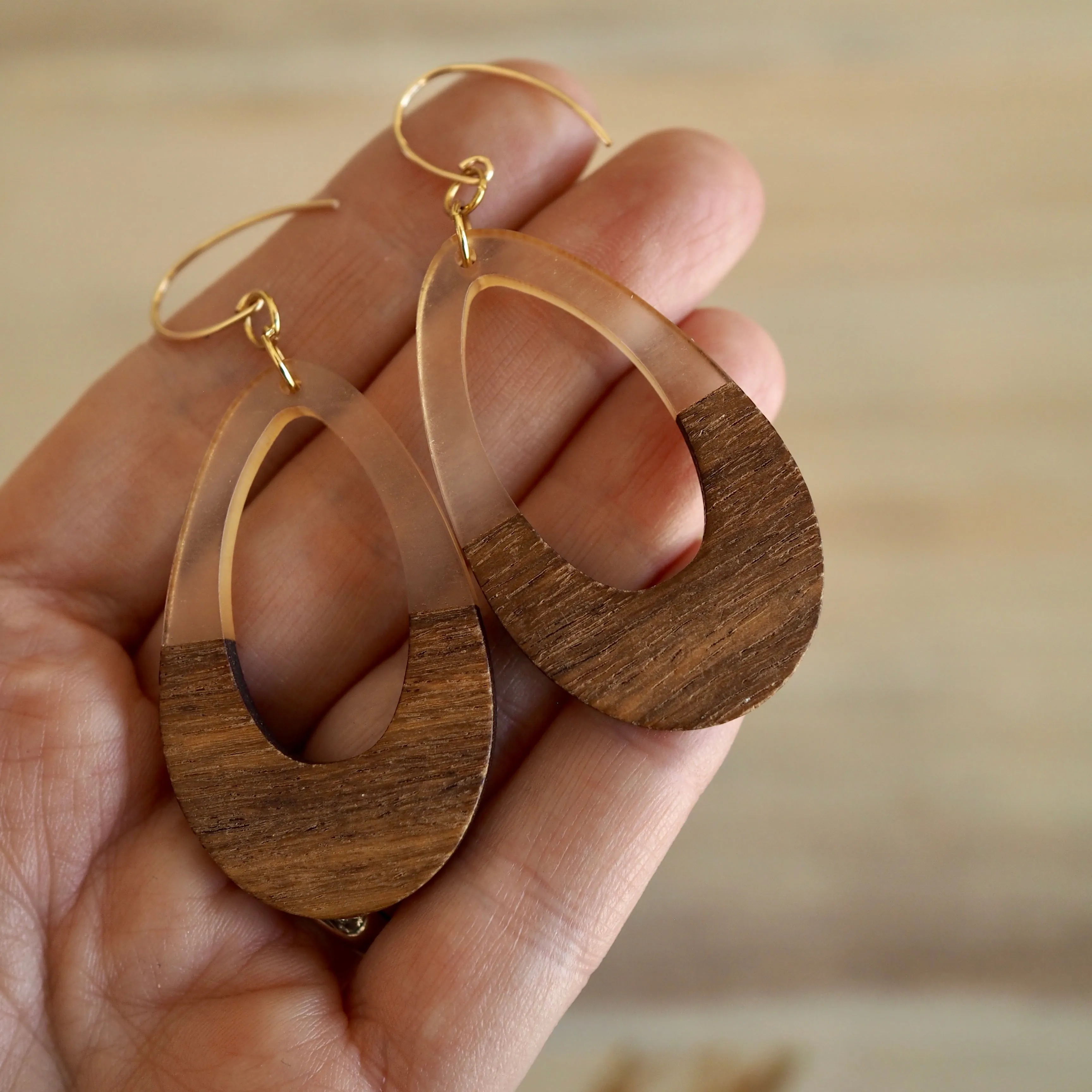 Gold and Wooden Teardrop Earrings