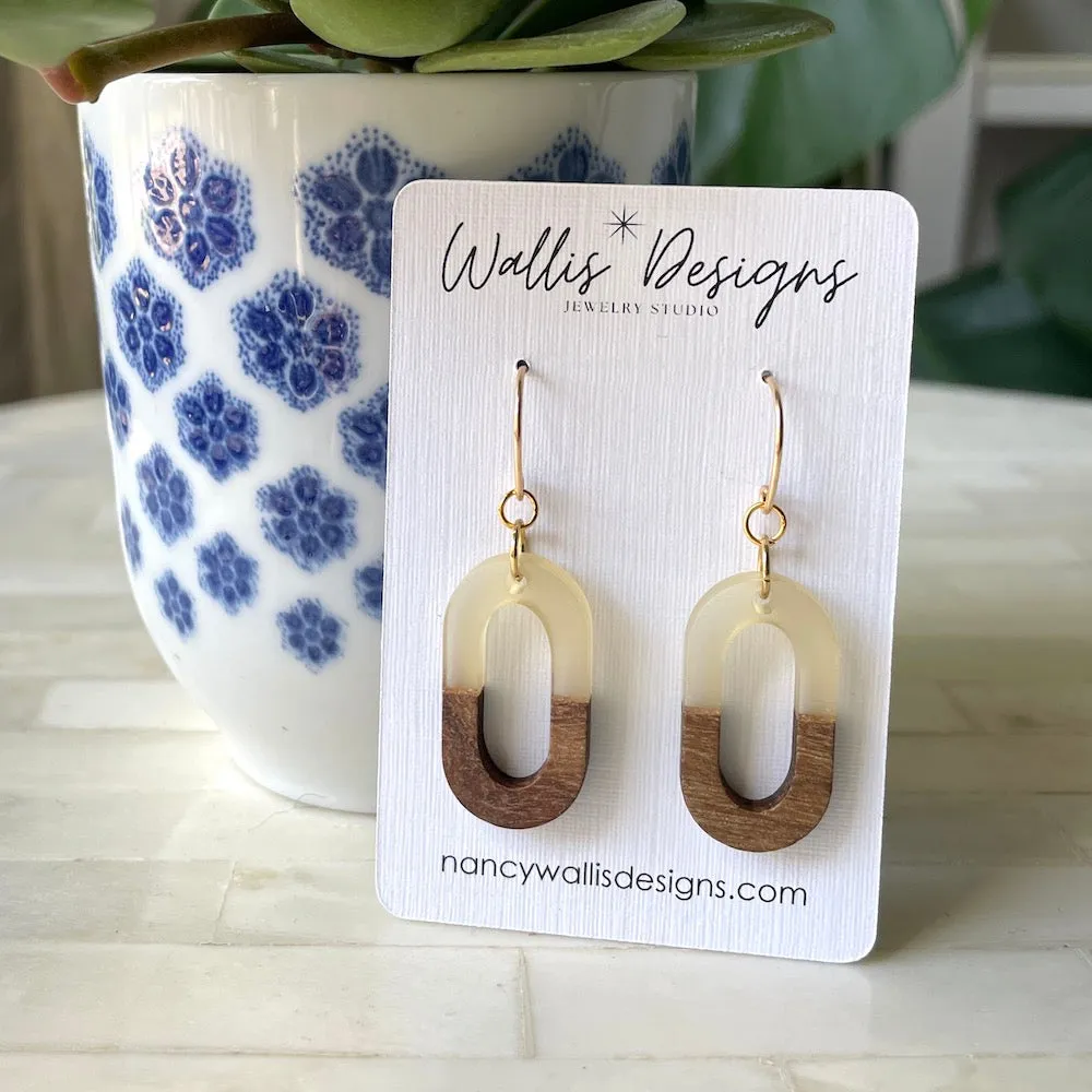 Gold Oval Earrings with Wood Accent