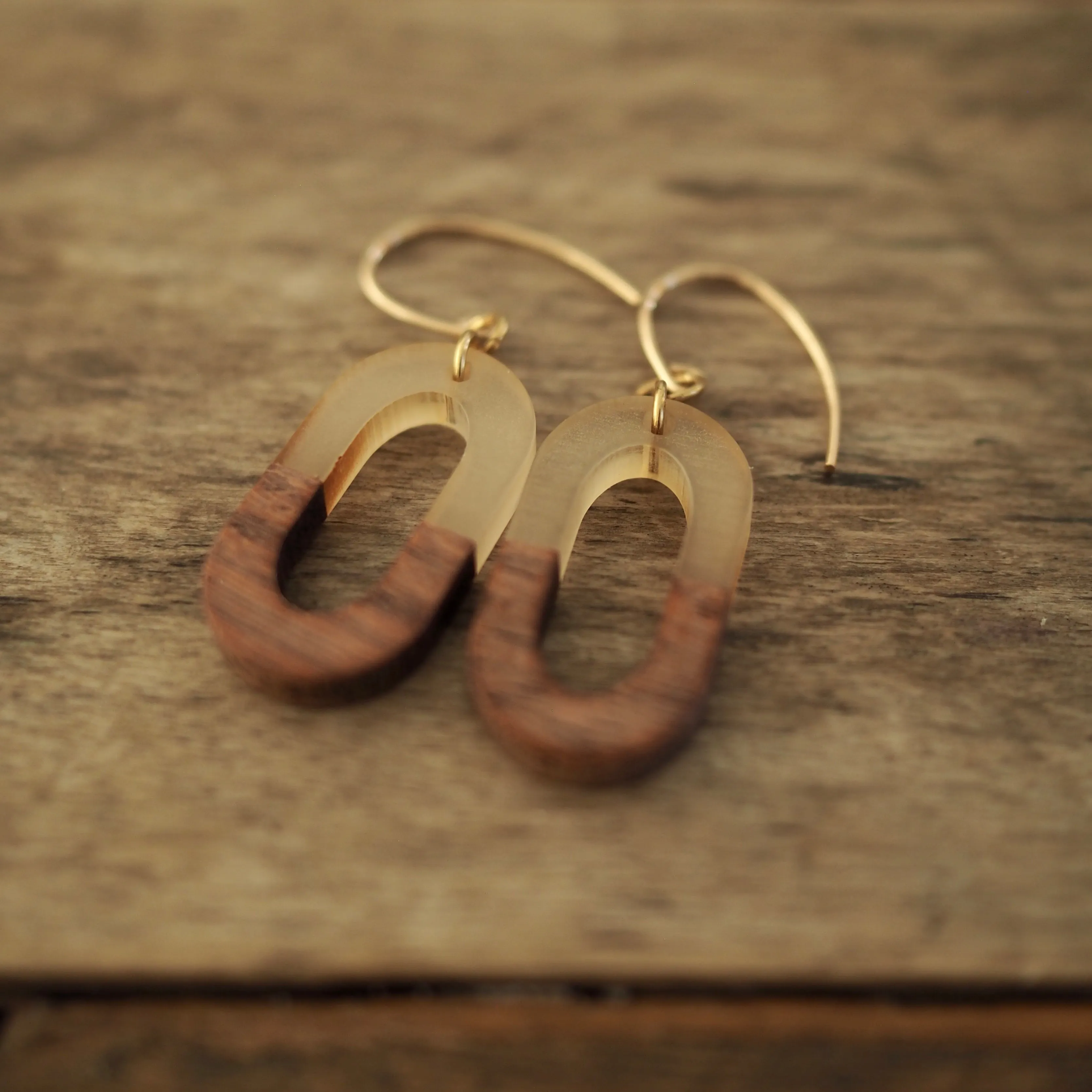 Gold Oval Earrings with Wood Accent