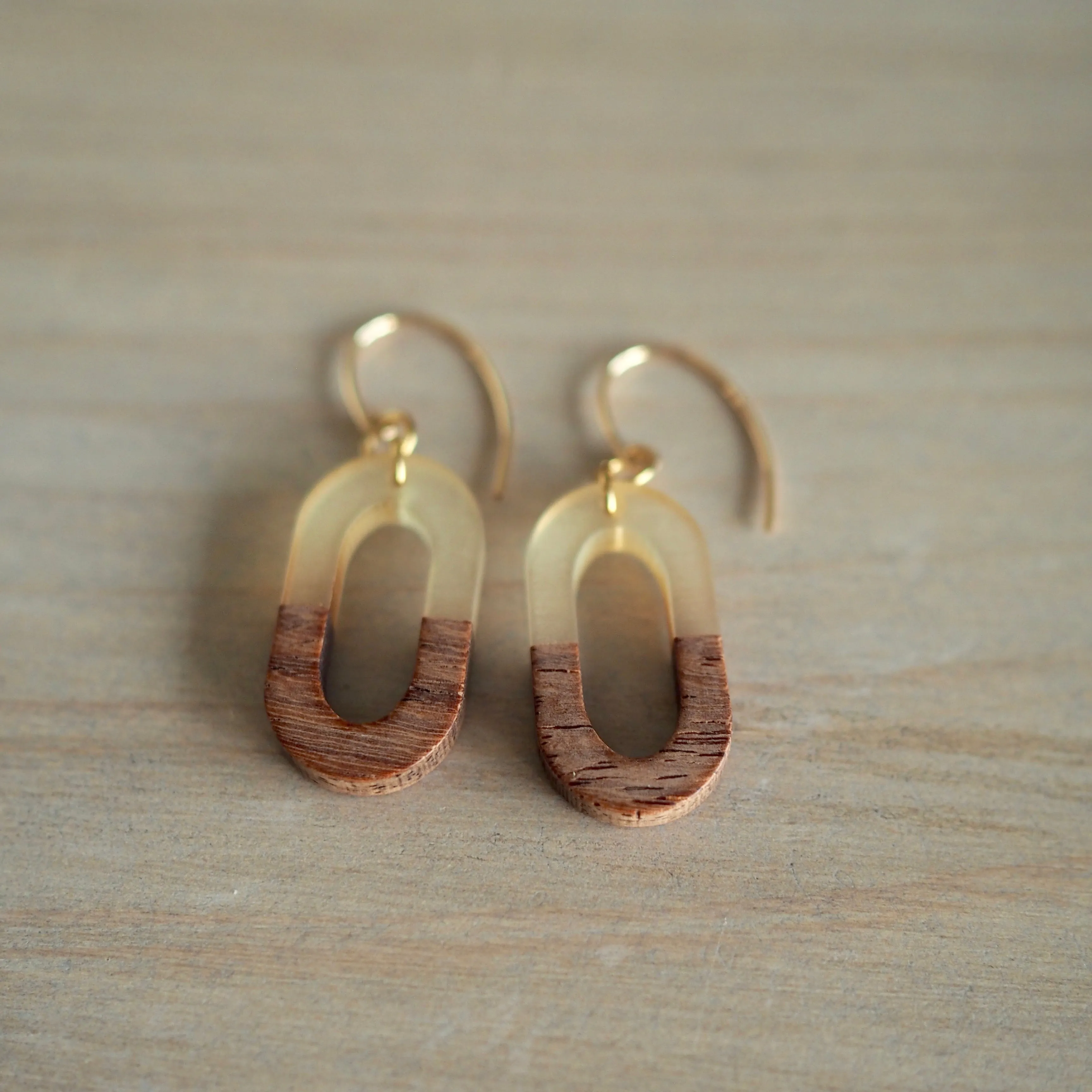 Gold Oval Earrings with Wood Accent