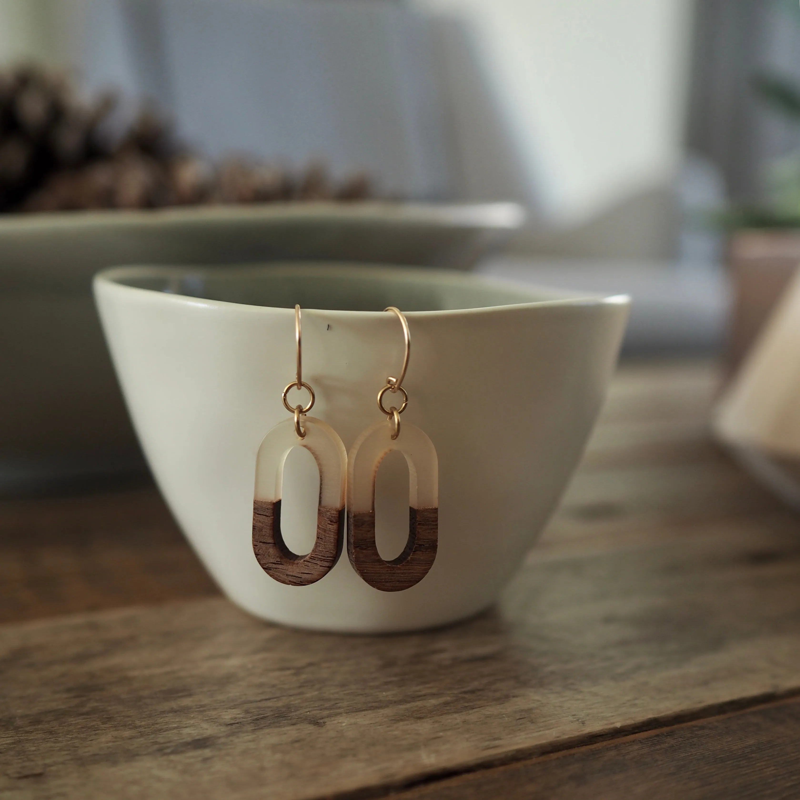 Gold Oval Earrings with Wood Accent