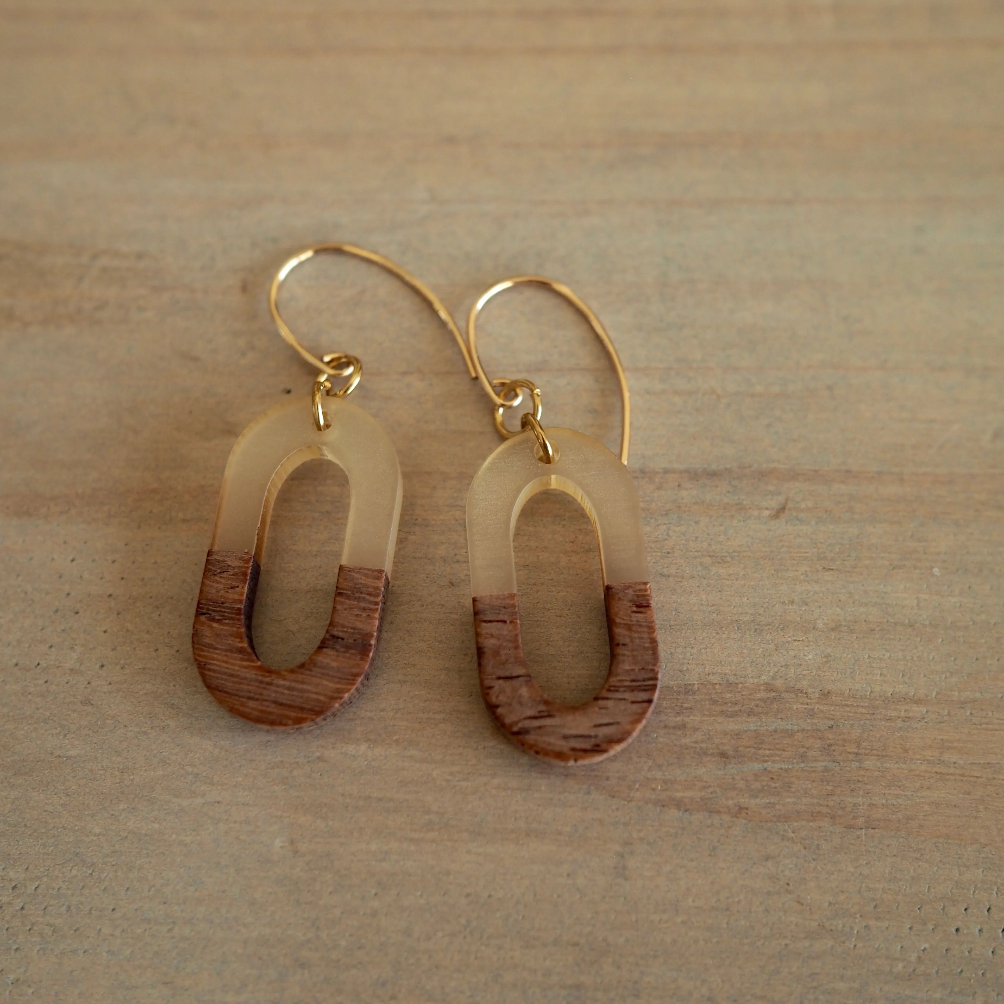 Gold Oval Earrings with Wood Accent