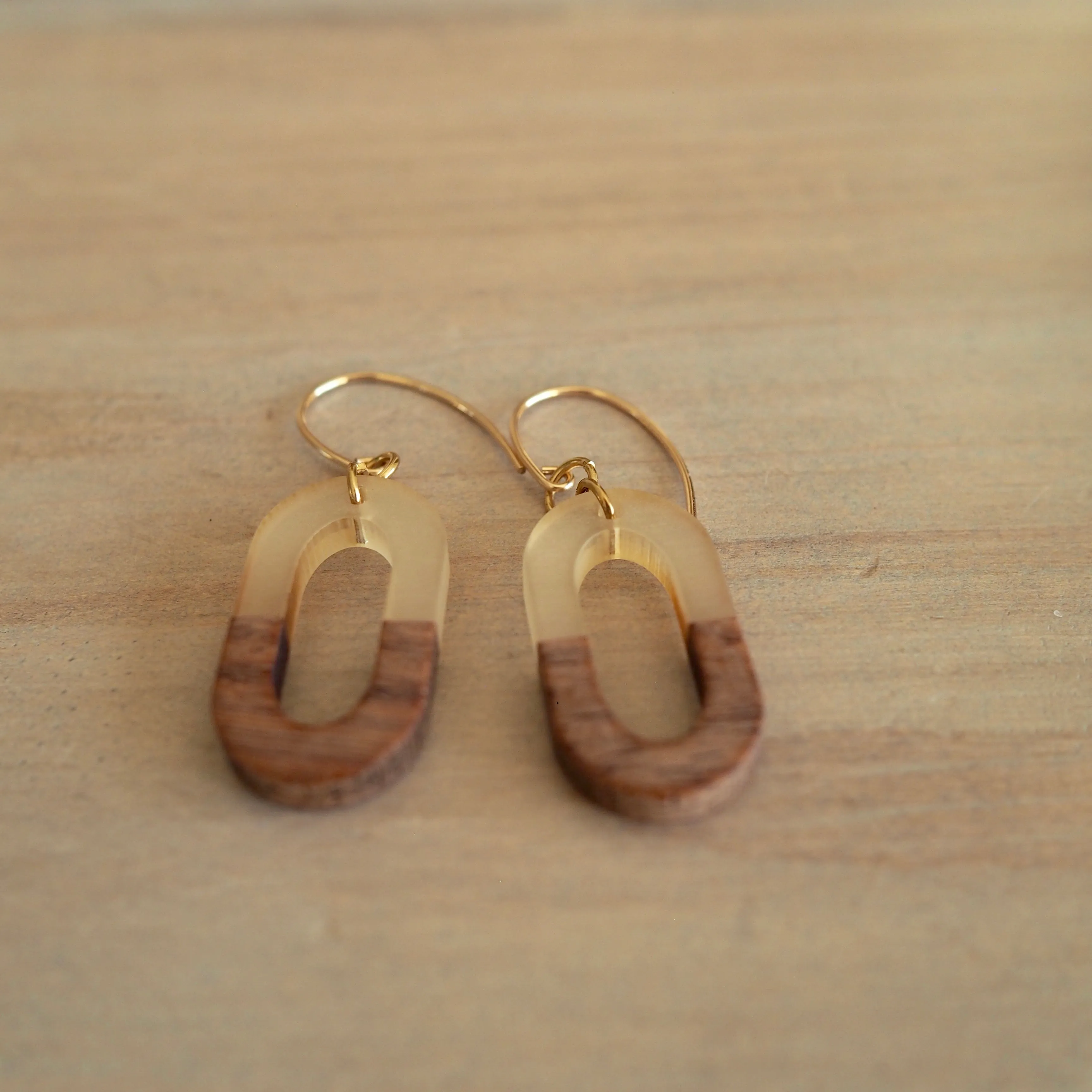 Gold Oval Earrings with Wood Accent