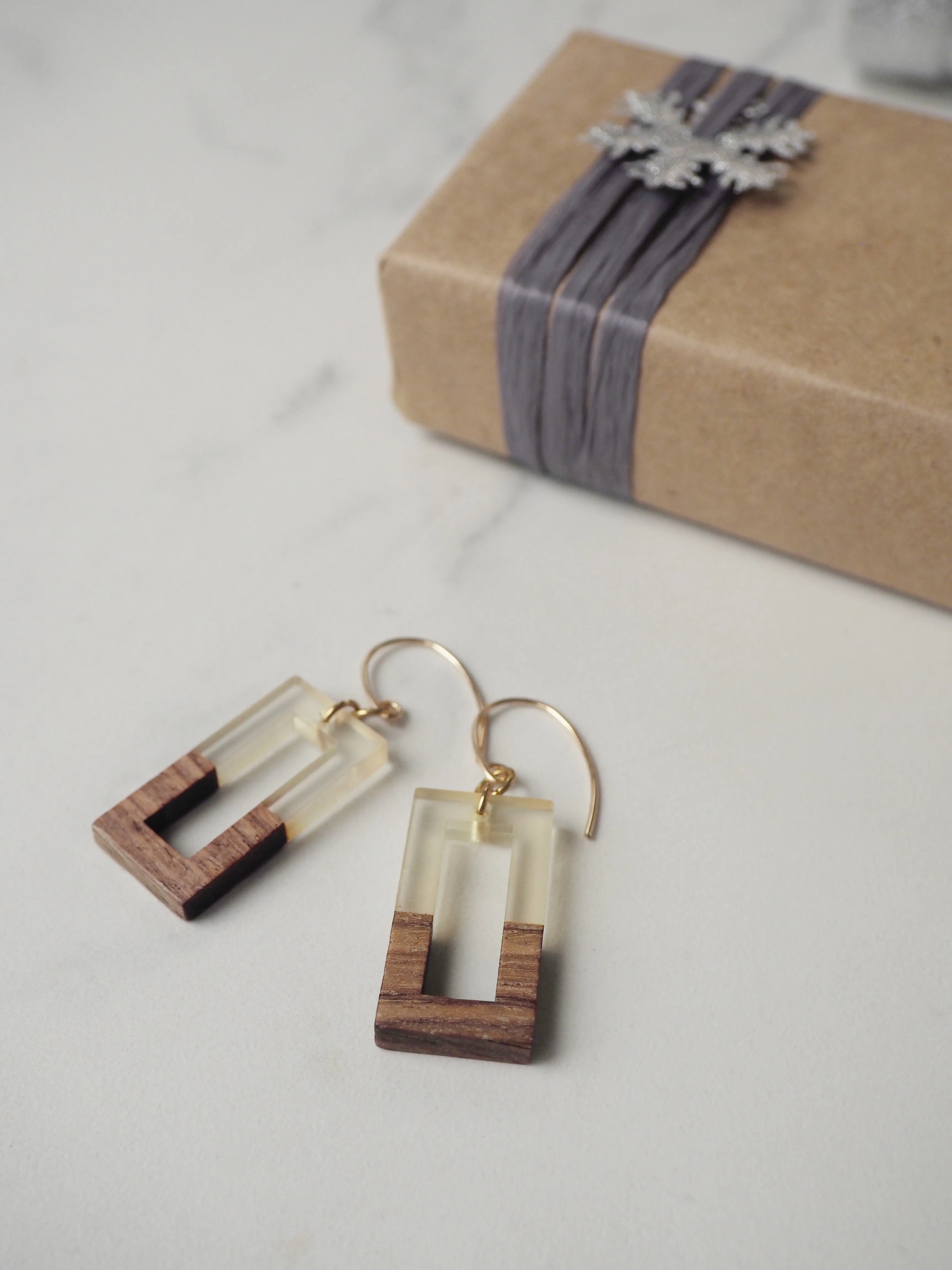 Golden Wood Rectangle Earrings