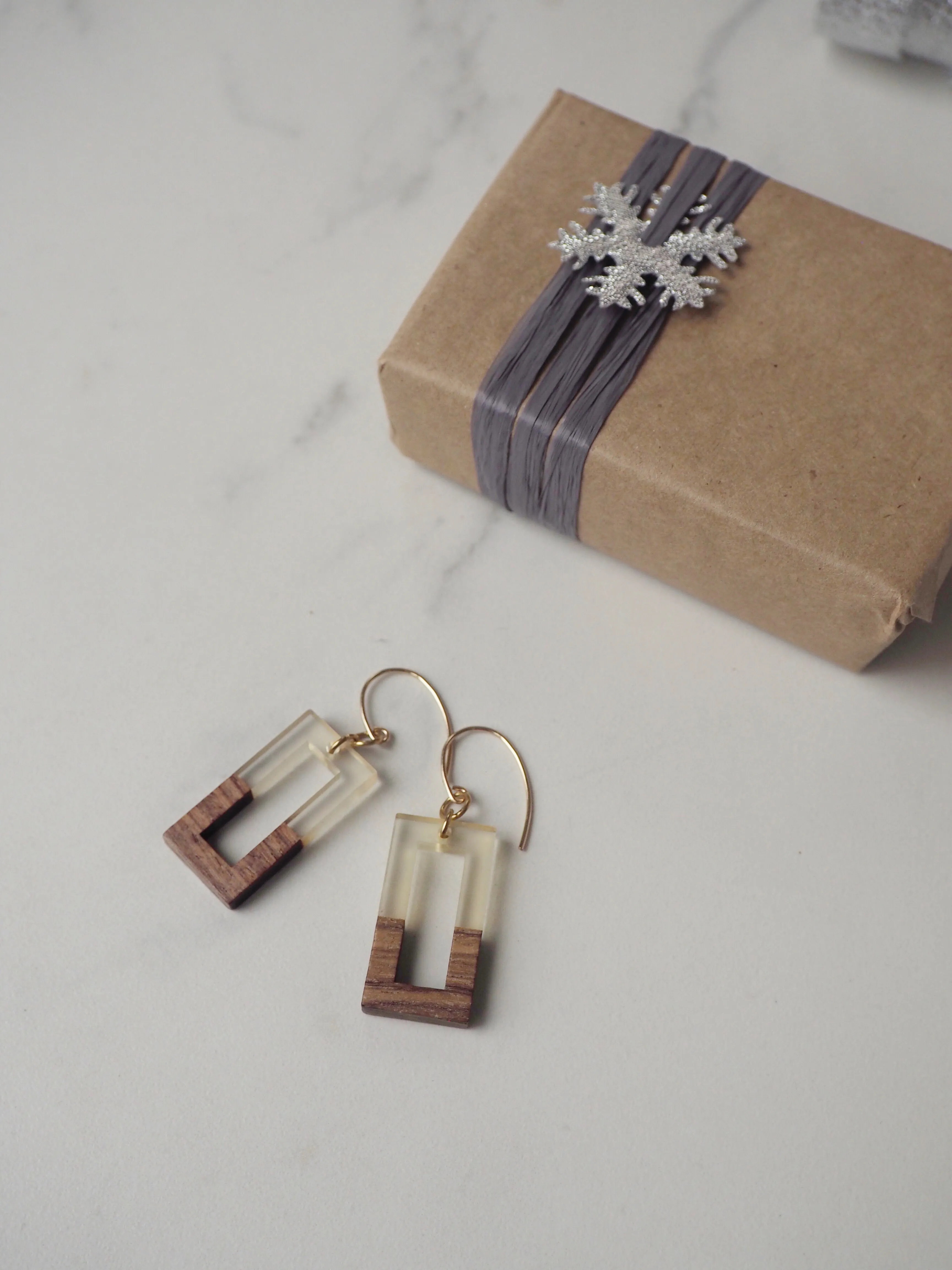 Golden Wood Rectangle Earrings