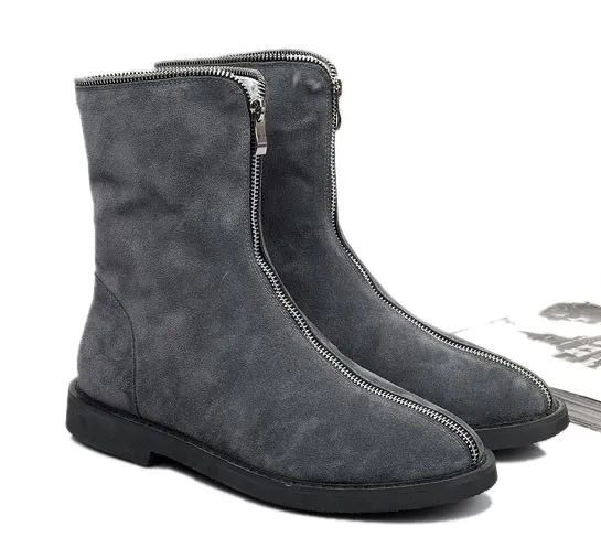 Grey Suede Leather Vintage Zipper Round Head Grunge Mens Boots Bootie Shoes