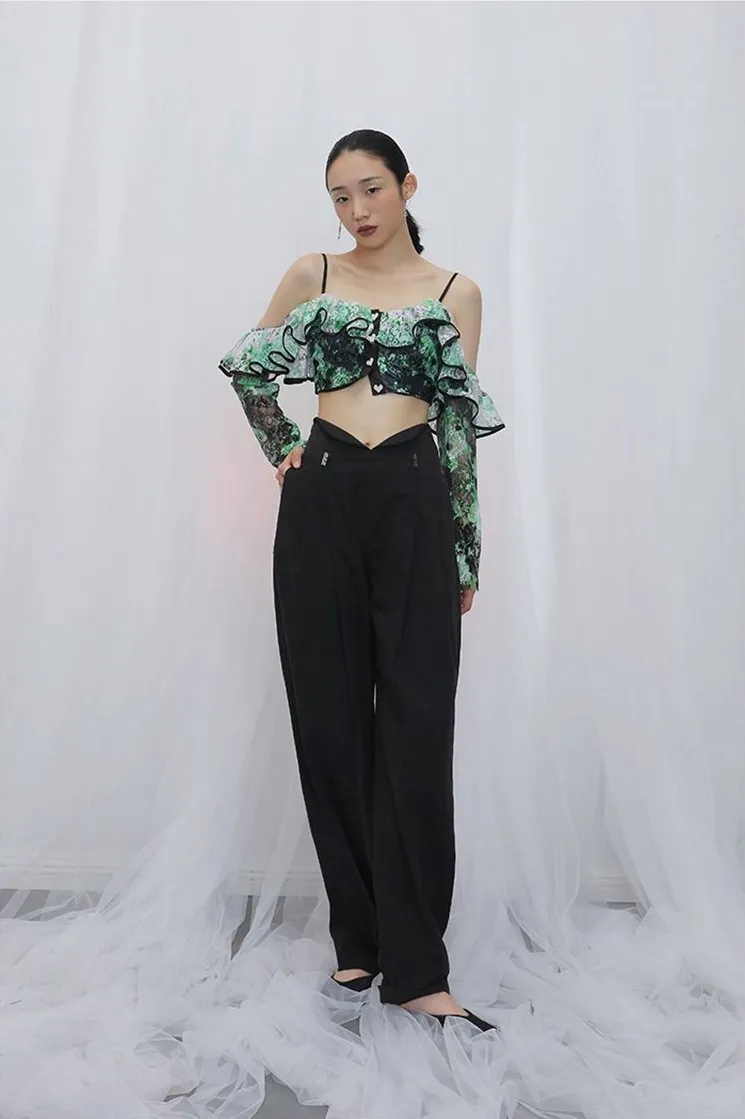 Katashi High Waist Pleated Wide Leg Pants - Black