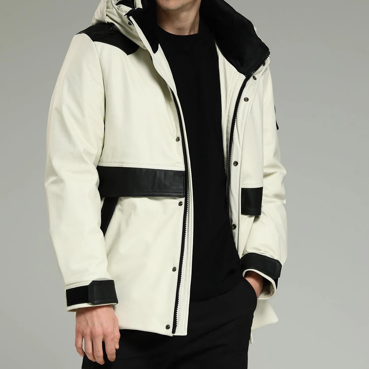 Leather Down Jacket - White Hooded Cowhide Down Jacket