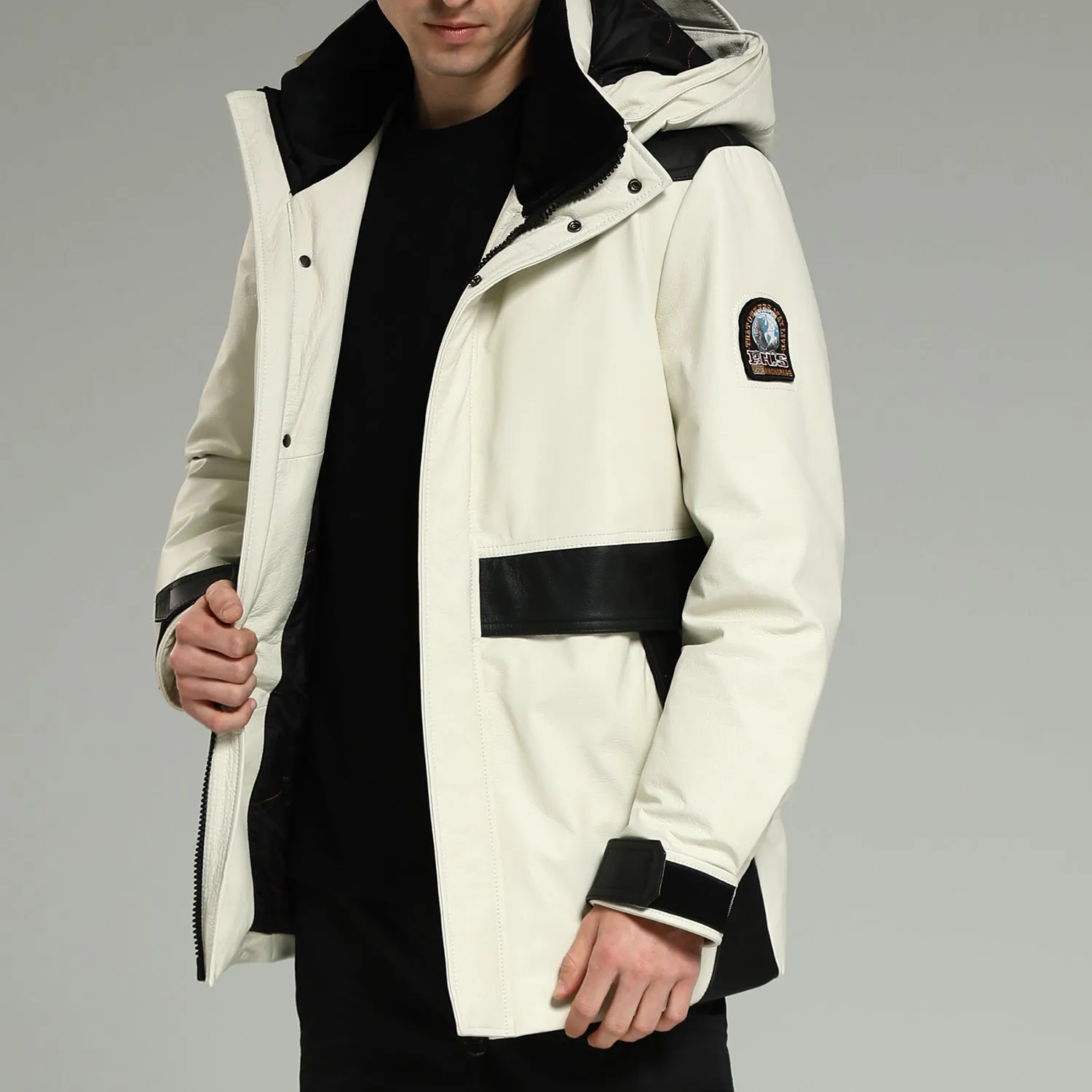 Leather Down Jacket - White Hooded Cowhide Down Jacket