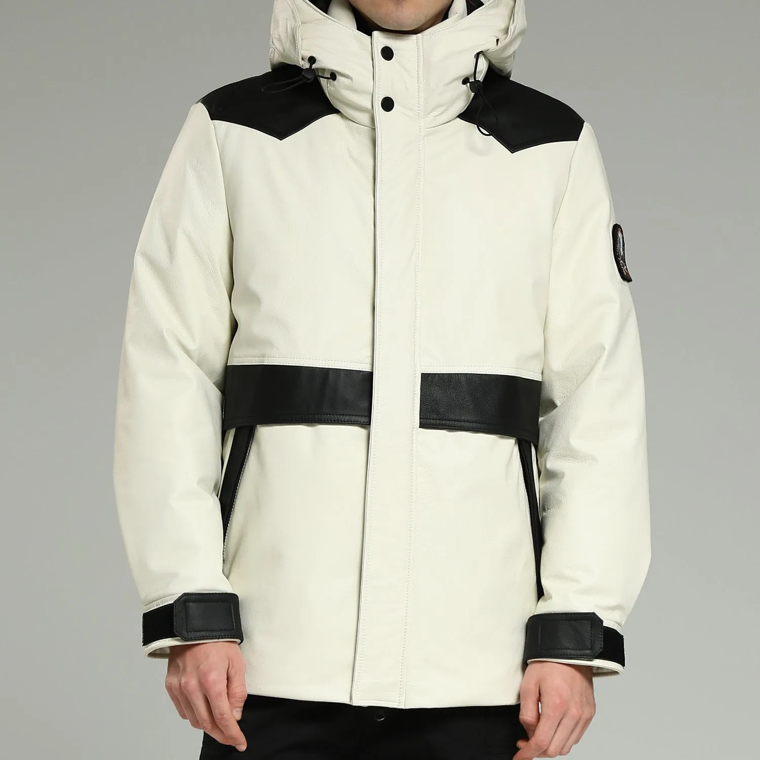 Leather Down Jacket - White Hooded Cowhide Down Jacket