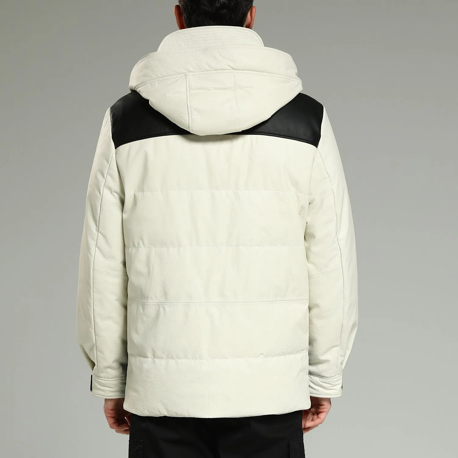 Leather Down Jacket - White Hooded Cowhide Down Jacket