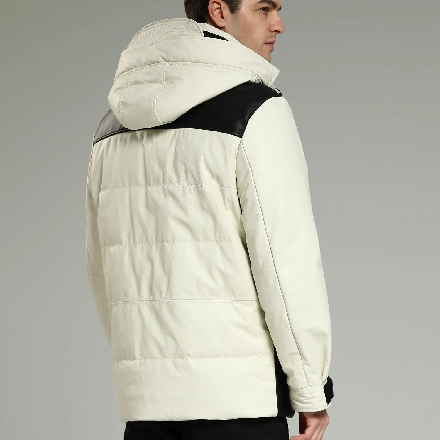 Leather Down Jacket - White Hooded Cowhide Down Jacket