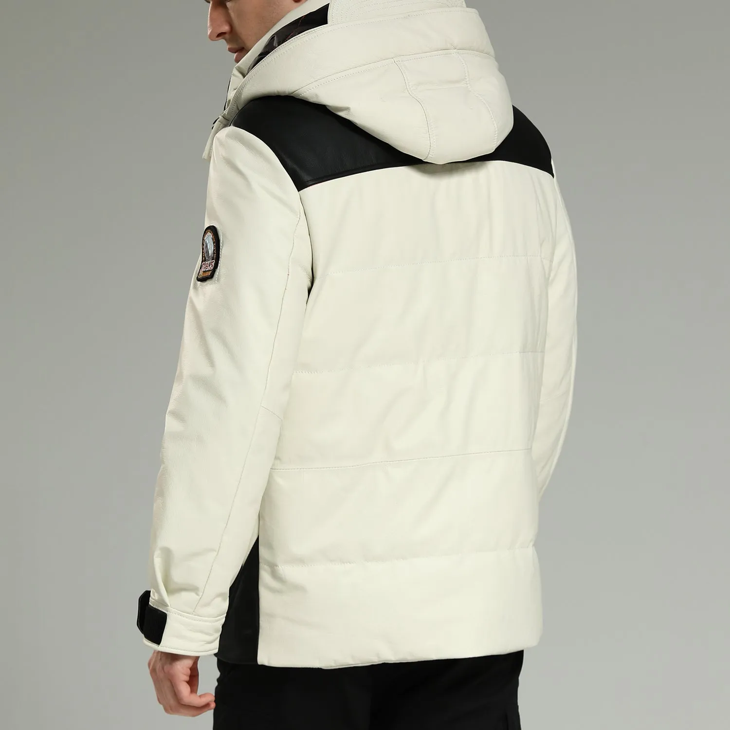 Leather Down Jacket - White Hooded Cowhide Down Jacket