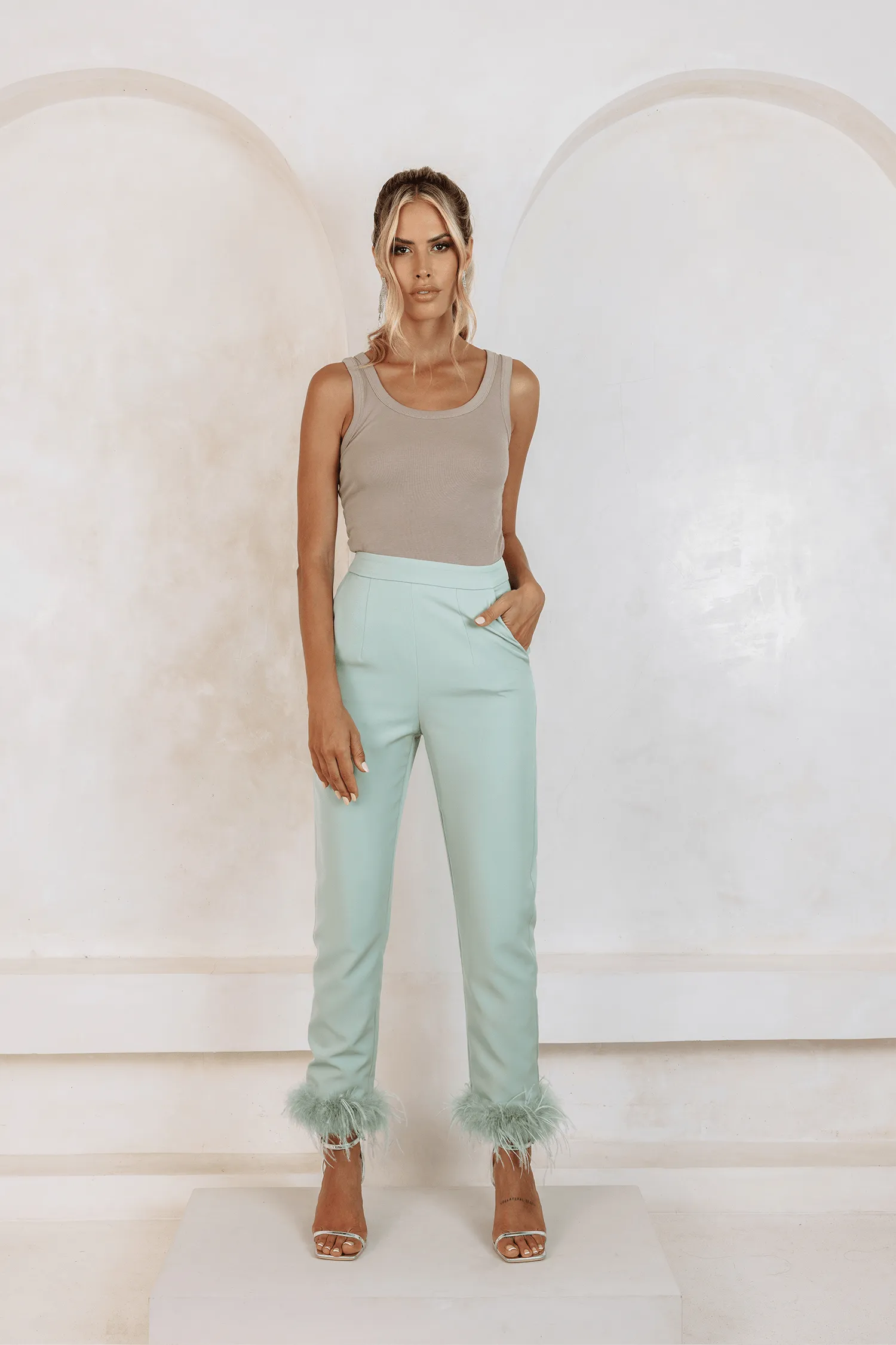 LILY Sage Green Feather Trim Trousers