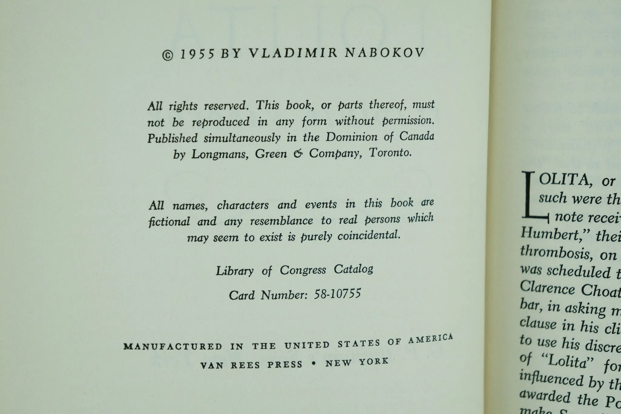 Lolita by Vladimir Nabokov | Van Rees Press | First US Edition | 1955