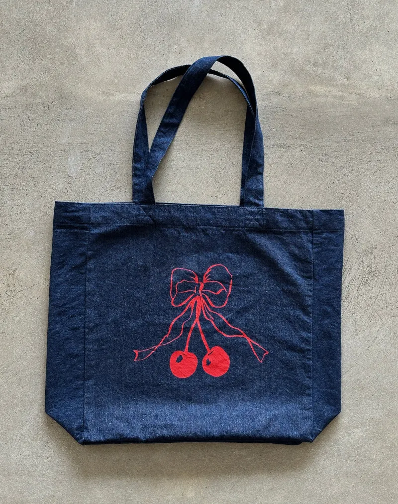 London Tote Bag in Denim Indigo with Cherry Bow Print