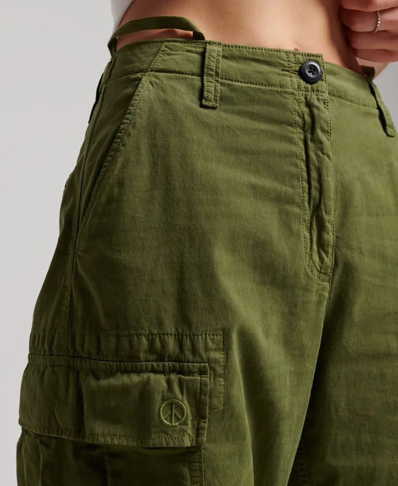 Low rise cargo pants, vintage style, soft moss green.