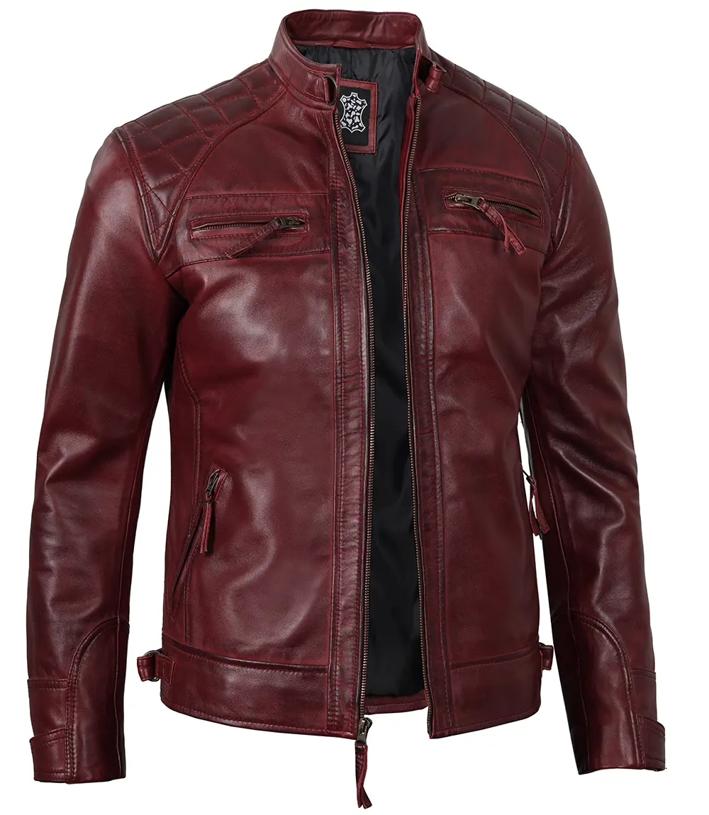 Men Real Leather Maroon Biker Jacket