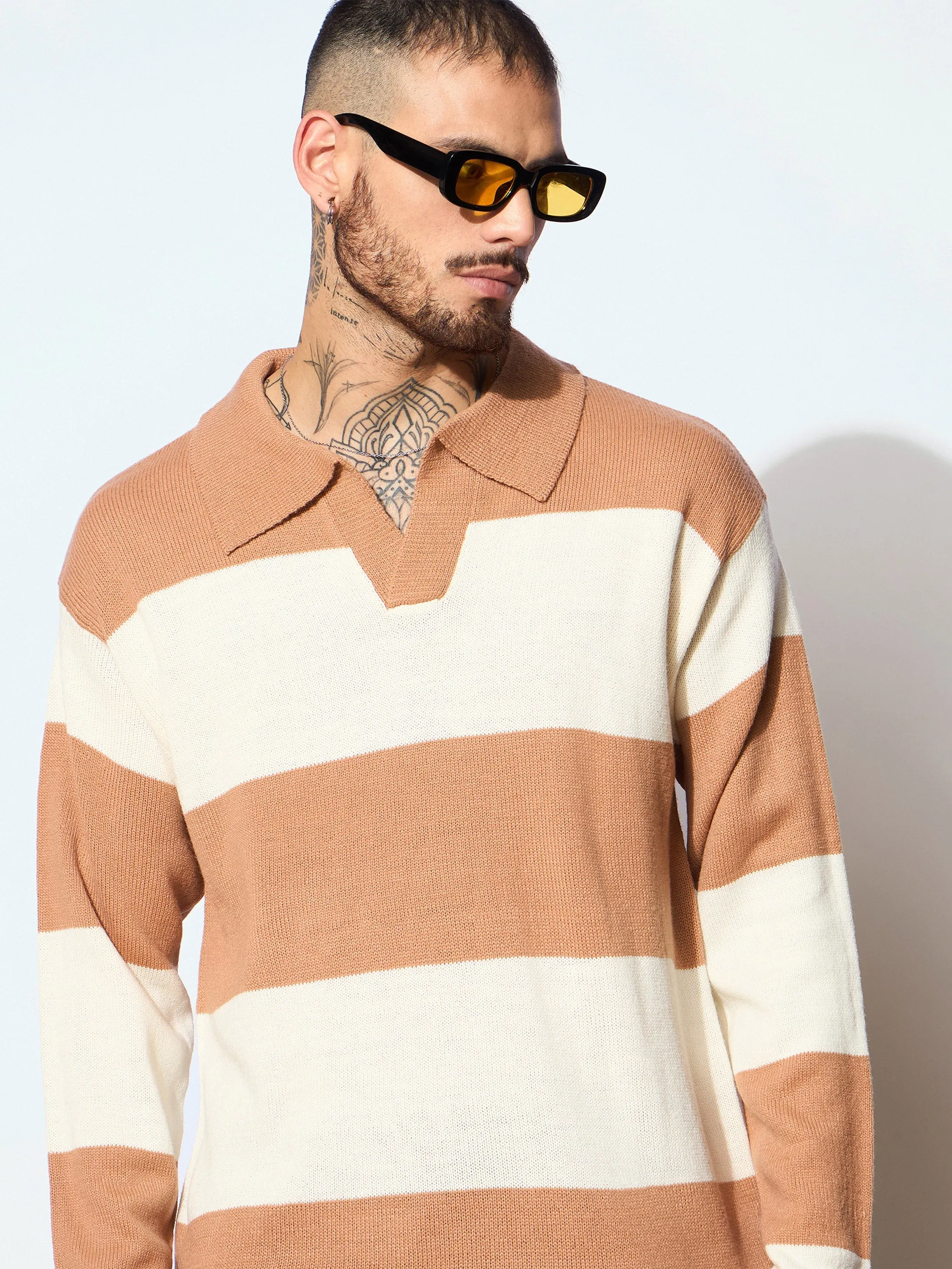 Men Unisex Beige & Off White Collar Neck Oversize Sweater