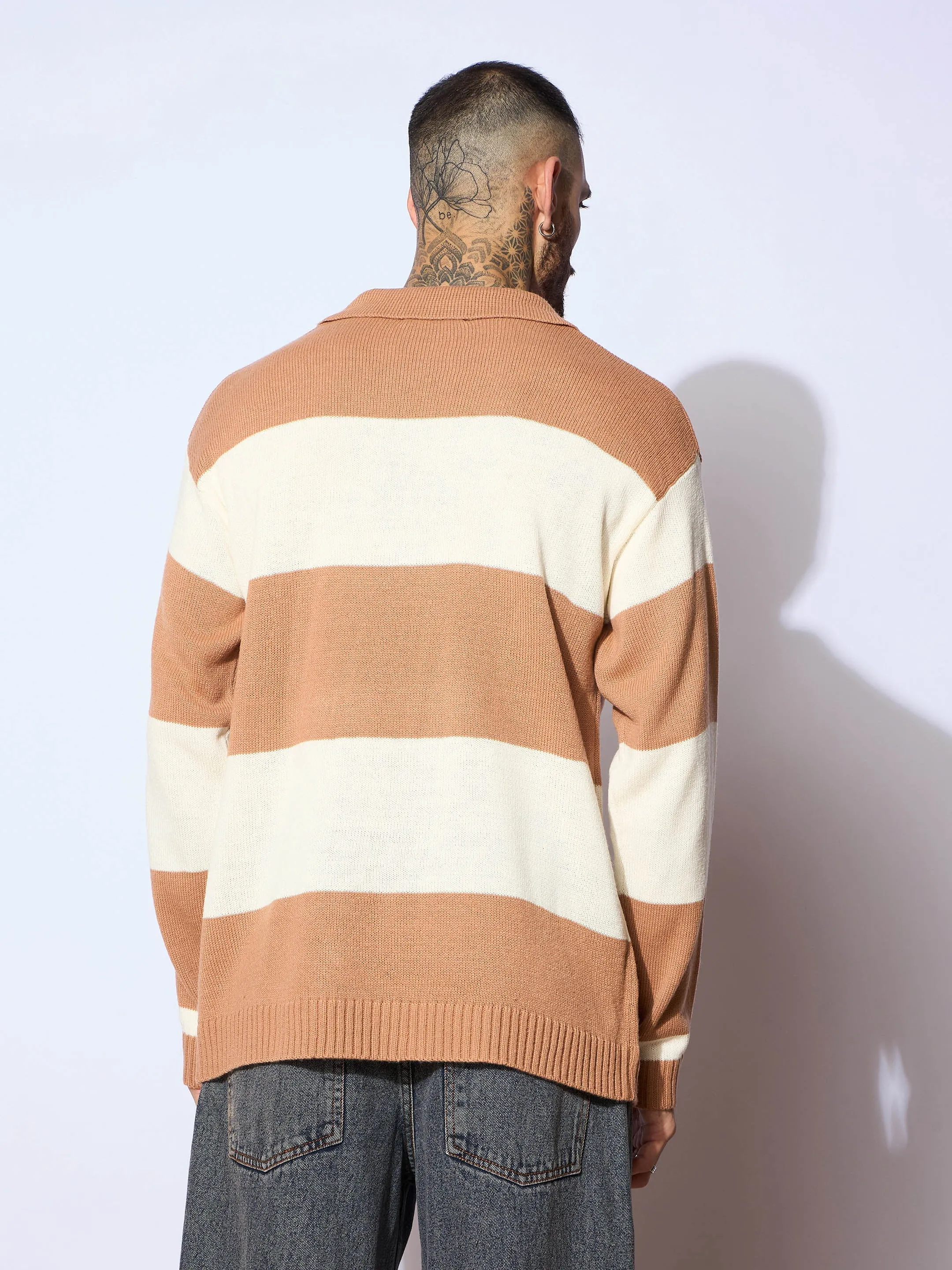 Men Unisex Beige & Off White Collar Neck Oversize Sweater