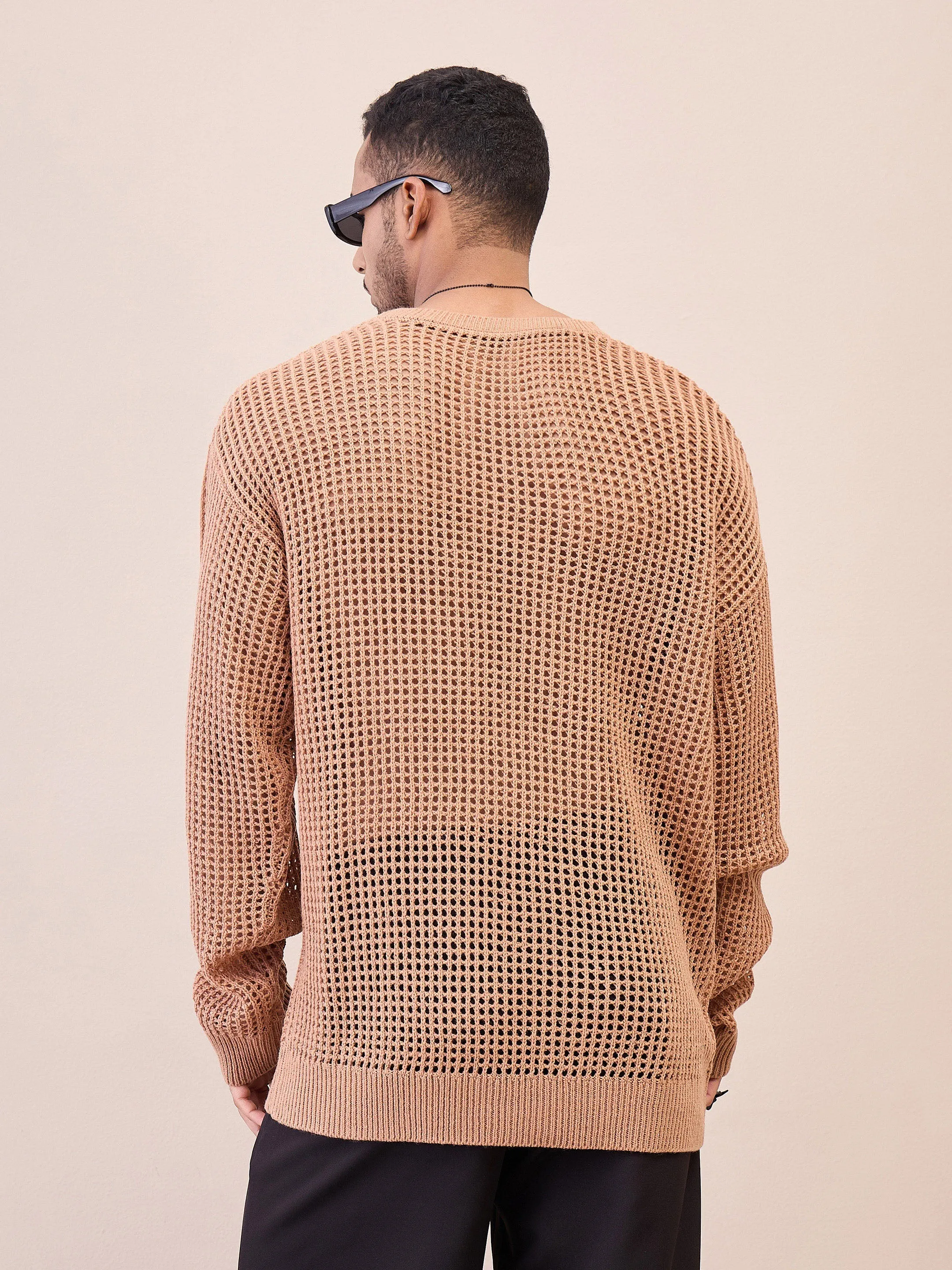 Men Unisex Beige Oversize Crochet Sweater