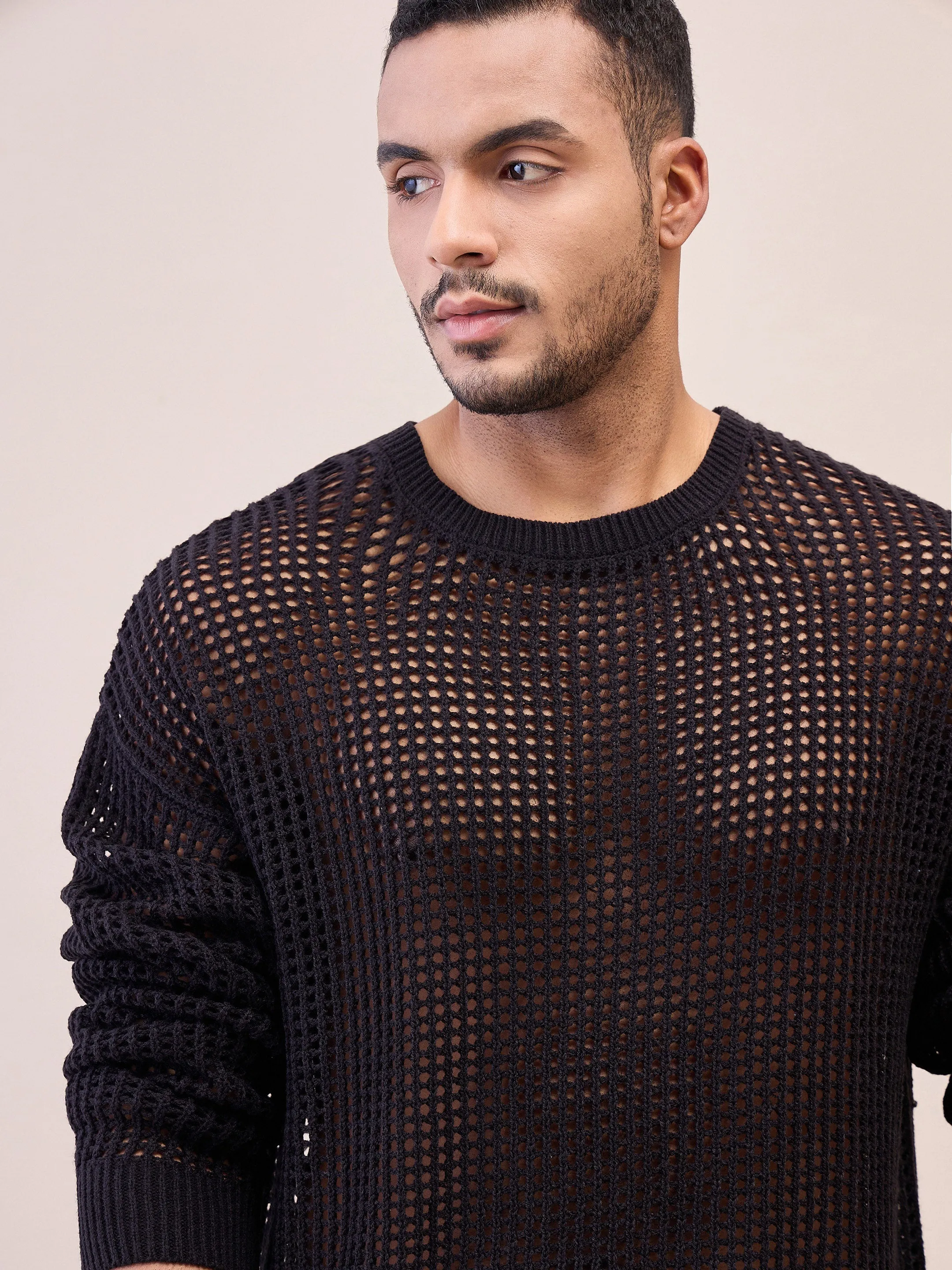 Men Unisex Black Oversize Crochet Sweater